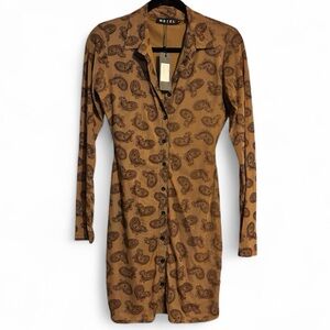 Motel Rocks Brown Paisley Long Sleeve Dress NWT